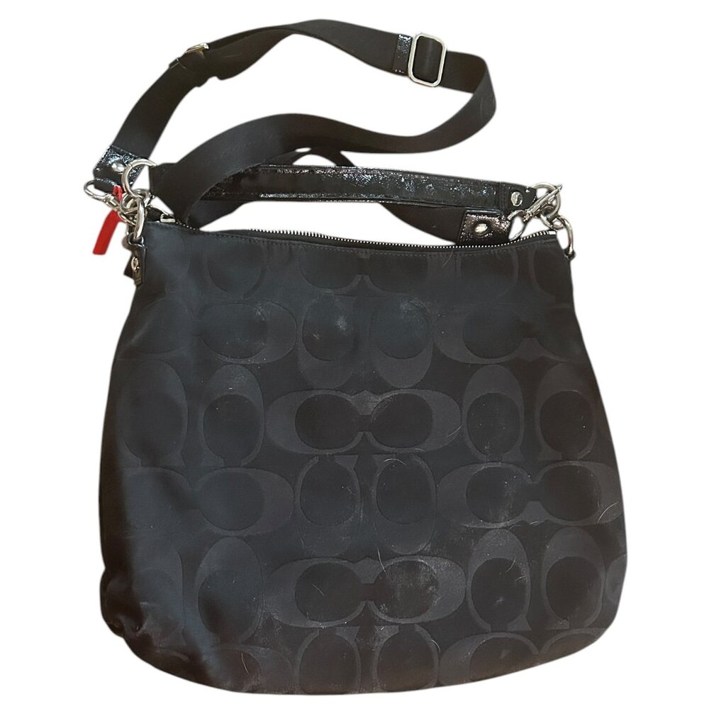 Coach Poppy Signature Convertible Hobo Bag Black Patent Trim Silver Hardware - Picture 3 of 10